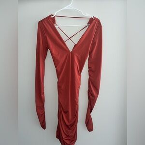 Tiger Mist Ruched Satin Mini Dress Orange M NWT